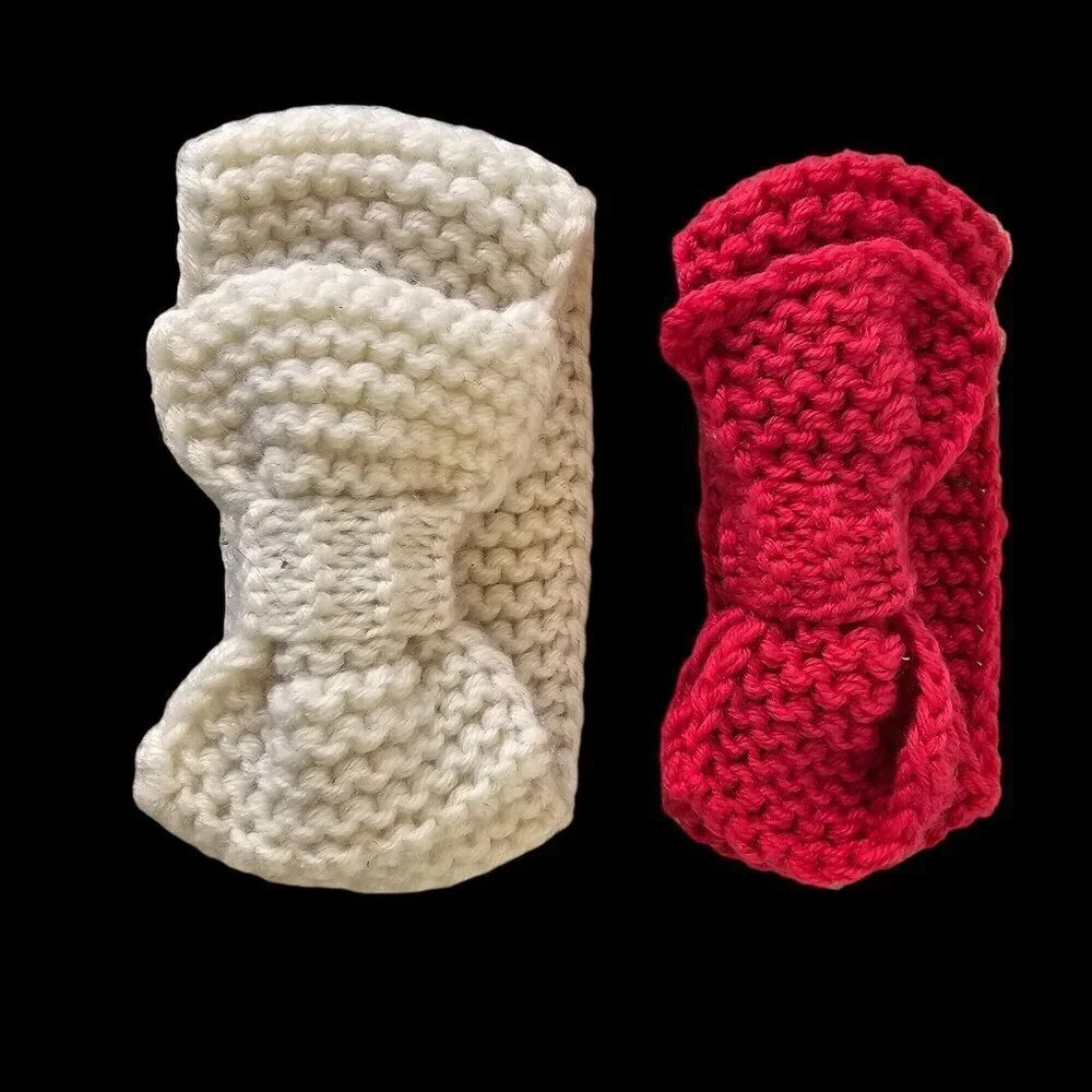 2 Hand-Knit Wide Bow Headbands Baby Girl White Hot Pink